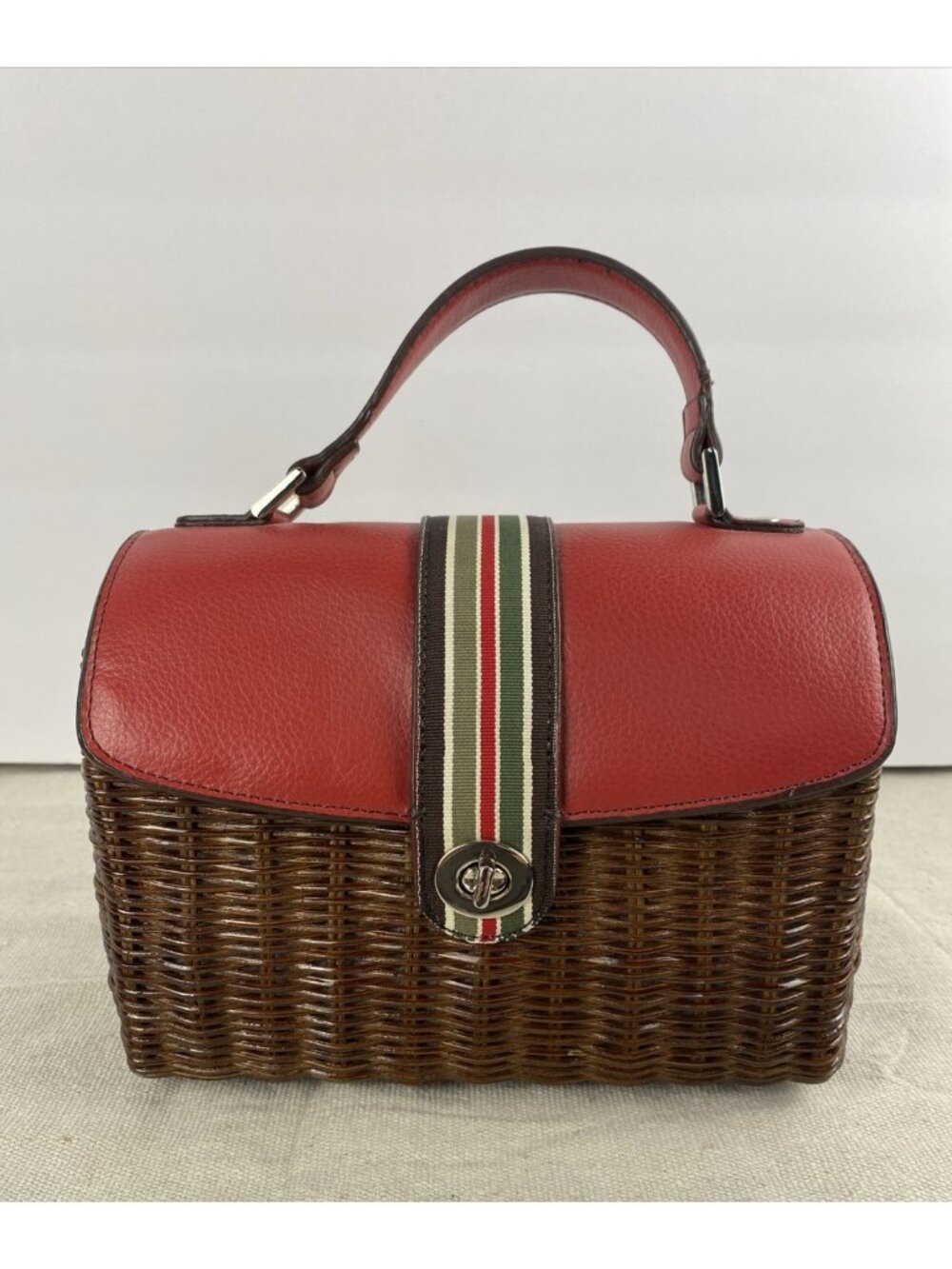 VTG Leather & Wicker Rattan Picnic Basket Purse Woven Handbag Red Check Fabric